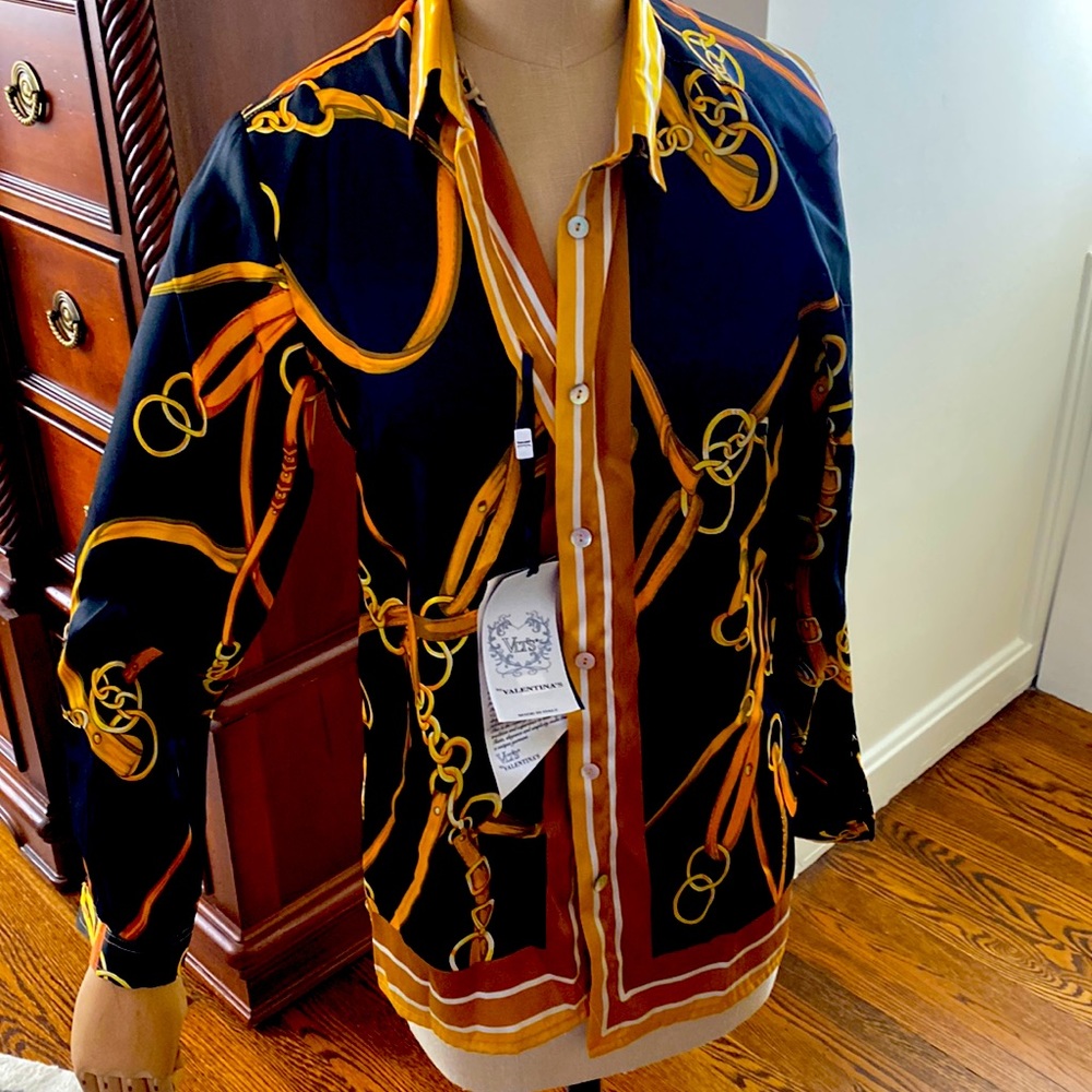 NWT - black/gold silky Italian blouse in style of Hermes/ Gucci/ Versace (S)